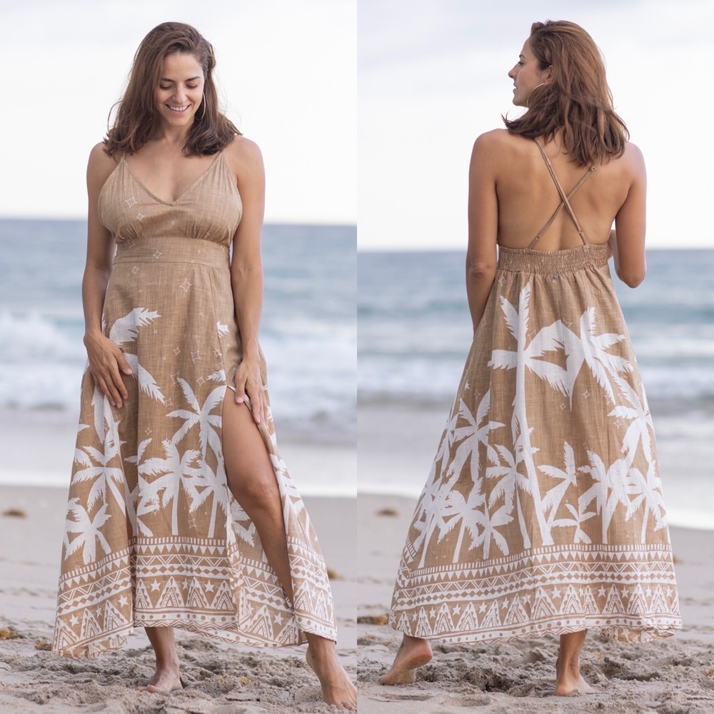 Boho Maxi Dress with a v-neckline, open back and adjustable straps